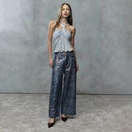 Shine In These Wide-Leg Pants With A Bold Blue And Gold Leopard Print. The Metallic Finish Makes The