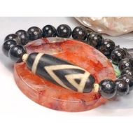 Tibetan Dzi One Eye Double Backdrop Dzi Beads With Glaucophane Bracelet 藏传老矿一眼双靠山天珠配蓝闪石手链 39.5x14.5m