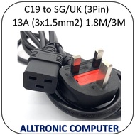 1.5mm2 C19 to UK SG Power Cord 3Pin 1.8M / 3Meter with Safety Approved Mark / C19 1.8Meter / c19 3Me