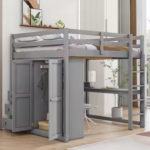 Loft Bed Full Size with Wardrobe & Desk,Solid Wood Loft Bed Frame with Storage Drawers & Shelves,Spa