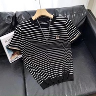 Nhãn hiệu thời trang T-Shirt Nam Áo len ngắn tay sọc dáng ôm Đan Áo cổ tròn