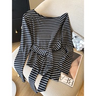 airport outfit women autumn outfit woman outfit woman set Striped Off-the-Shoulder t-Shirt Autumn Ko