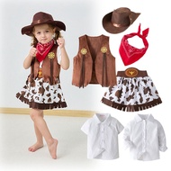 1-10Y Kids Western Cowgirl Costume For Girl Vest Skirt Shirt Hat Scarf 5pcs Set Wild Western Rodeo C