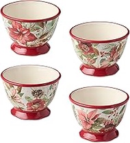 Winter Blooms Set of 4 Holiday Ice Cream Bowls – 24 oz Festive Ceramic Bowls with Poinsettia & Everg