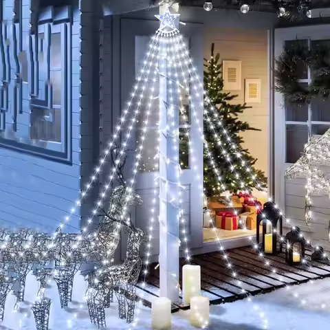 3M 9 Strands Solar Christmas Tree Star Icicle Light 288LED Waterfall Christmas Tree Light with Star 