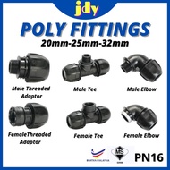 HDPE Poly Fitting Poly Pipe Connector MTA/FTA/Male Elbow/Female Elbow/Male Tee/Female Tee 20mm 25mm 32mm