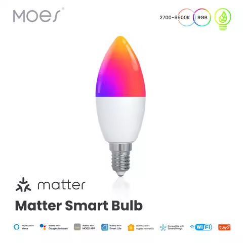 MOES Tuya Matter WiFi Smart Bulb Dimmable Led Light 16 Million RGB Colors E14 Candle Lamp Voice Cont