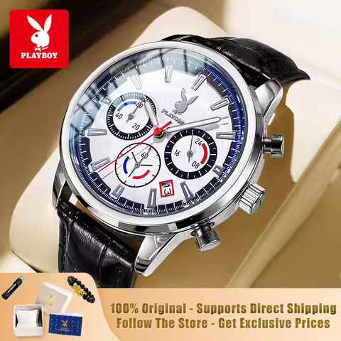 PLAYBOY 3305 Brand Original Authentic Watches for Man Luxury Leather Strap Chronograph Calendar Quar