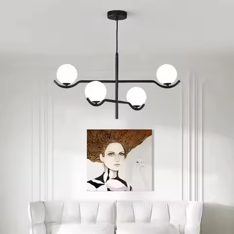 Modern White Glass Parlor Chandeliers Design Black Metal Dining Room Kitchen Bedroom Suspension Ligh