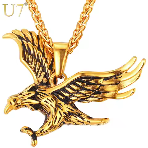 U7 Eagle Necklace Gold Color Stainless Steel Hawk Animal Charm Pendant Link Chain Statement HIip Hop