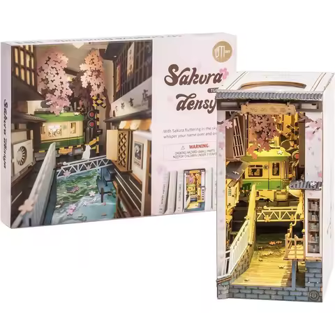 Rolife DIY Book Nook Kit Sakura Densya Wooden 3D Puzzle Dollhouse Model Building Kit DIY Bookends wi