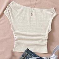 Tween Girl Casual Fashionable Solid Brown Color Textured Knit Asymmetrical Shoulder Top Tank Ribbed 