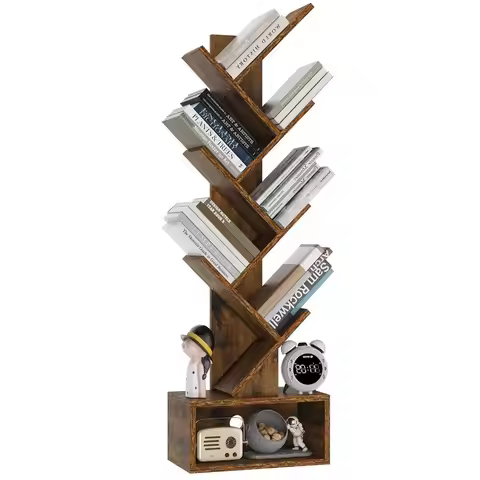 6 Tier Tree Bookshelf, Tall Bookcase, Wood Book Storage Rack with Drawer, Modern Floor Standing Book