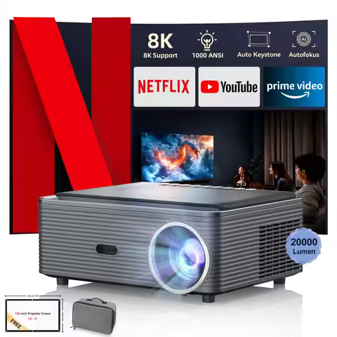 Fintex 8K Support HD 1080P 1000ANSI P1 Ultra 4K Projector 5W Speaker Android9.0 WiFi6 BT5.4 Outdoor 