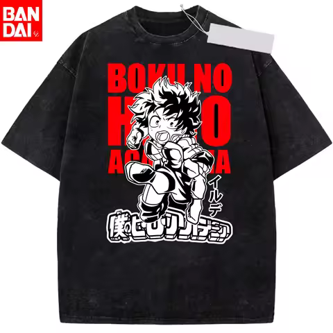 My Hero Academia Deku One for All Silhouette T-Shirt Summer 2026 Vintage Washed Black Oversized Tee 