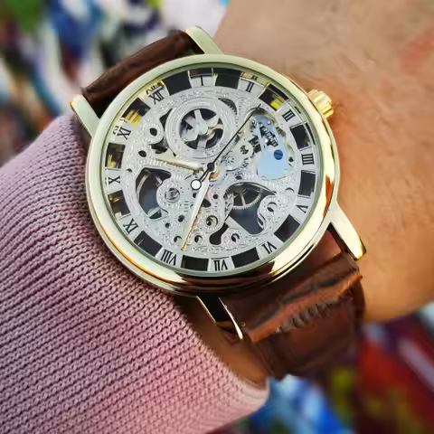 Winner Transparent Luxury Skeleton Mechanical Watches Casual Leather Strap Gold Watch for Men Lumino