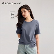 GIORDANO Women T-Shirts 100% Cotton Button U-Cut Vent Hem Tee Crewneck Short Sleeve Simple Fashion C