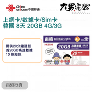 中國聯通 - 【南韓】 8日 4G/3G 無限上網卡數據卡Sim咭 (首20GB高速數據) 香港行貨