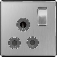 British General Flateplate Screwless, Roundpin Socket Switch, 15Amp, Brushed Steel, Safety Mark, Loc