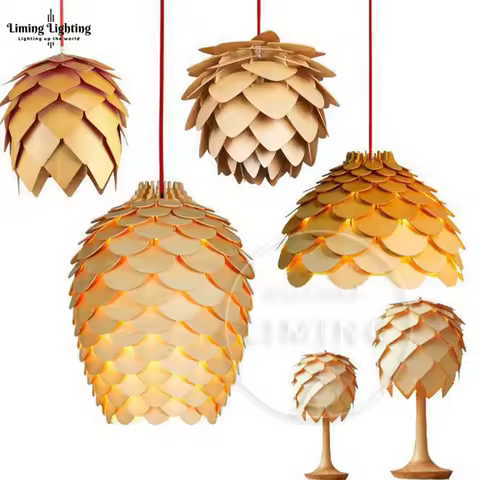 Nordic Morden OAK Wooden Pinecone Led Pendant Lights Hanging Wood Modern Lamp Dinning Room Restauran