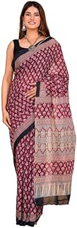 Hand Printed Ajrak Printed Women Mulmul Cotton Sarees for Women with Blouse Piece 1746