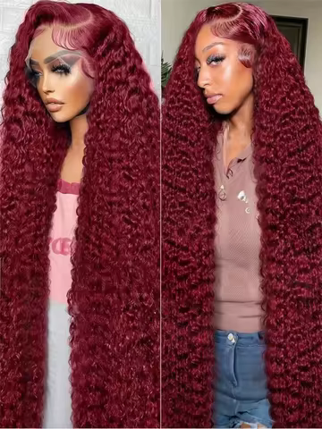 Deep Wave Wig 99J Burgundy 220% Density 46 Inch Remy Hair 13x6 HD Transparent Lace Frontal Wig Human