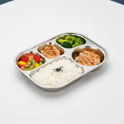 2 Grids Stainless Steel Square Plate Child Friendly Reusable Divided Lunch Tray for Portion Control 