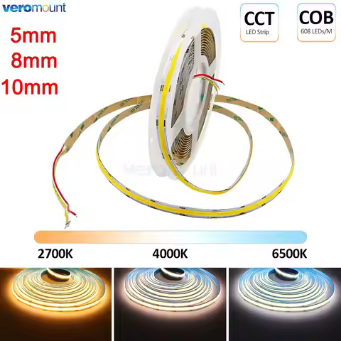 5m COB CCT LED Strip 12V 24V DC 600/608LEDs/m FCOB Dimmable Dual White 5mm 8mm 10mm PCB High Density