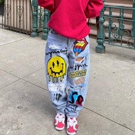 Ripped Smiley Print Denim Trousers Womens Ripped Smiley Face Print Denim Pants