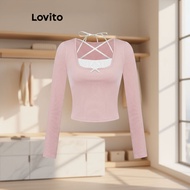 (trendy3)Lovito Casual Plain Lace Up Colorblock T-Shirt for Women L117AD533