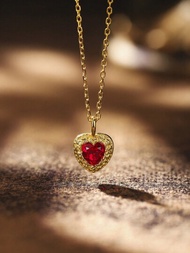 1入組簡約風格 0.7克拉天然紅寶石心形鎚紋細項項鍊，是適合女性的母親節禮物
