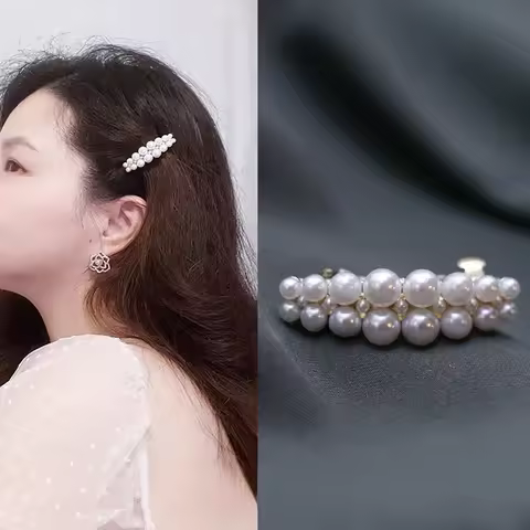4cm Beautiful Pearl Barrettes Fashionable Pearl Diamond Studded Metal Hair Clip Temple Hair Accessor