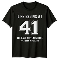 READY STOCK Life Begins At 41 Birthday T-Shirt 100% Cotton Men Women Womens Graphic 41st Gift Cool C