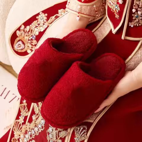 House Shoes Soft New Year Slippers Warmer PVC Red Cotton Slippers Cute Home Cotton Shoes Bedroom