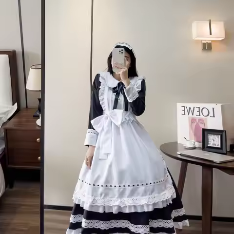 Anime Halloween Cosplay Costumes Anime Apron Maid Role Play Long Dress Plus Size Black White Lolita 