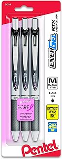 Pentel Pink BCA Ribbon Pentel EnerGel Deluxe RTX Retractable Liquid Gel Pen, 0.7mm, Medium Line, Metal Tip, Silver Barrel, Black Ink, 3 Pack (BL77ABP3A-BC)