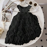 Baby Girls' Korean Style Casual Cute Woven Jacquard Wave Pattern Sleeveless Dress With Inner Lining,