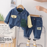 New Spring Kids denim suit Clothes Baby Boys Cotton Sports Color blocking denim Jacket Pants 2pc/Set