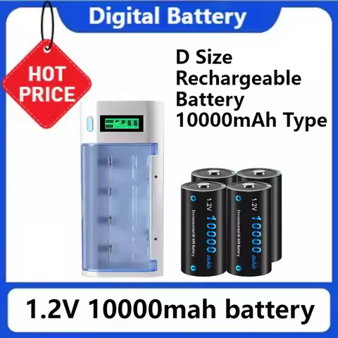 D R20 NIMH Battery 1.2V LR20 D Size Rechargeable Battery 10000mAh Type with LCD Smart Charger for AA