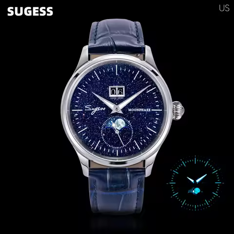 Sugess Watch of Men Moonphase Automatic Mechanical Wristwatches ST2528 Movement Stainless Steel Blue