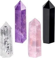 TUMBEELLUWA Pack of 4 Hexagonal Crystal Wands Healing Chakra Single-Pointed Column Polished Reiki Qu