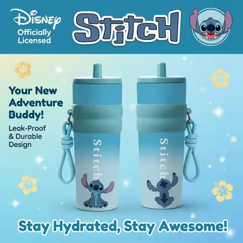 1pc 25oz Disney Blue Stitch Stainless Steel Tumbler Insulated Travel Mug with Straw Hanging Rope Por