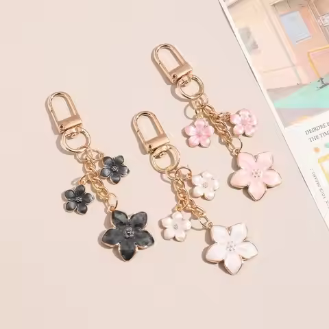 Alloy Sakura Keychain Cherry Blossom Pearl Accent Cherry Blossom Keychain Enamel Coating Sweet Flowe