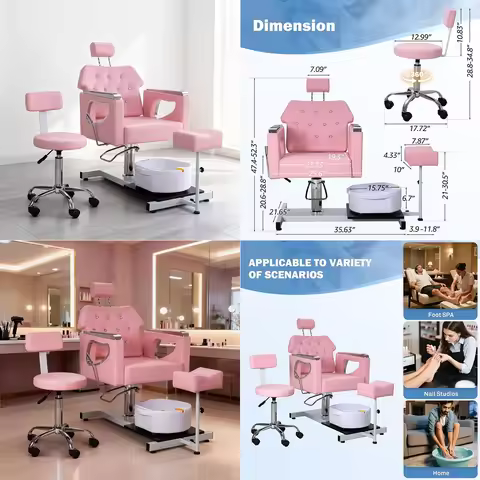 Pedicure Chair No Plumbing, 360 Swivel Hydraulic Adjustable Reclining Station with Massage Foot Bath