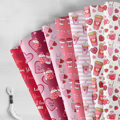 Pre-cut 8pcs Valentine's Day Vibrant Love-Themed Fabric Bundle - Hearts & Kiss Drinks Print