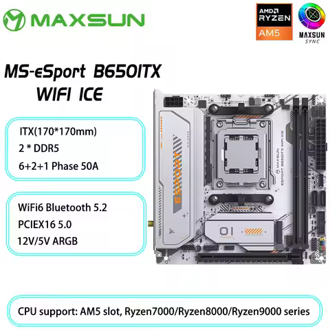 MAXSUN Motherboard eSport B650ITX WIFI ICE Mainboard AMD Ryzen AM5 DDR5 Computer components Pcie5.0x