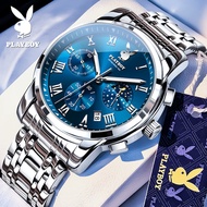 PLAYBOYนาฬิกาข้อมือผู้ชาย2025 แฟชั่นใหม่มัลติฟังก์ชั่ปฏิทินส่องสว่างกันน้ำสายสแตนเลสธุรกิจนาฬิกาผู้ช