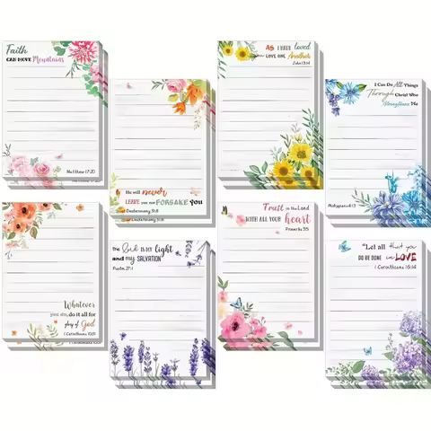 8 Pcs Inspirational Bible Verse Sticky Notes Floral Pattern, Christian Quote Notepad for Office, Sch