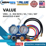VALUE ®️ VMG-4-R32 (R32 /R134A /R410A /R407C) DUAL GAUGE 4 WAY MANIFOLD SET C/W CHARGING HOSE