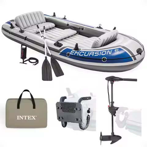 Excursion 5 Person Inflatable Boat Set with 2 Aluminum Oars and Pump, 12V Transom Mount Boat Trollin